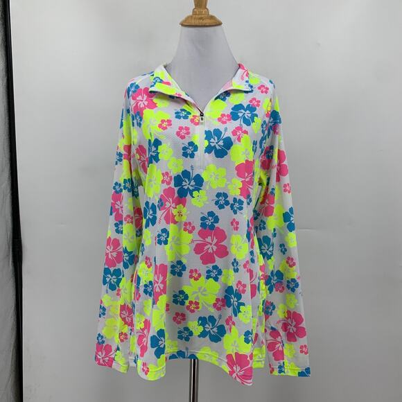 Taylor Jordan Top Womens XL Extra Large White Neon Floral Quarter Zip Floral - Picture 2 of 14